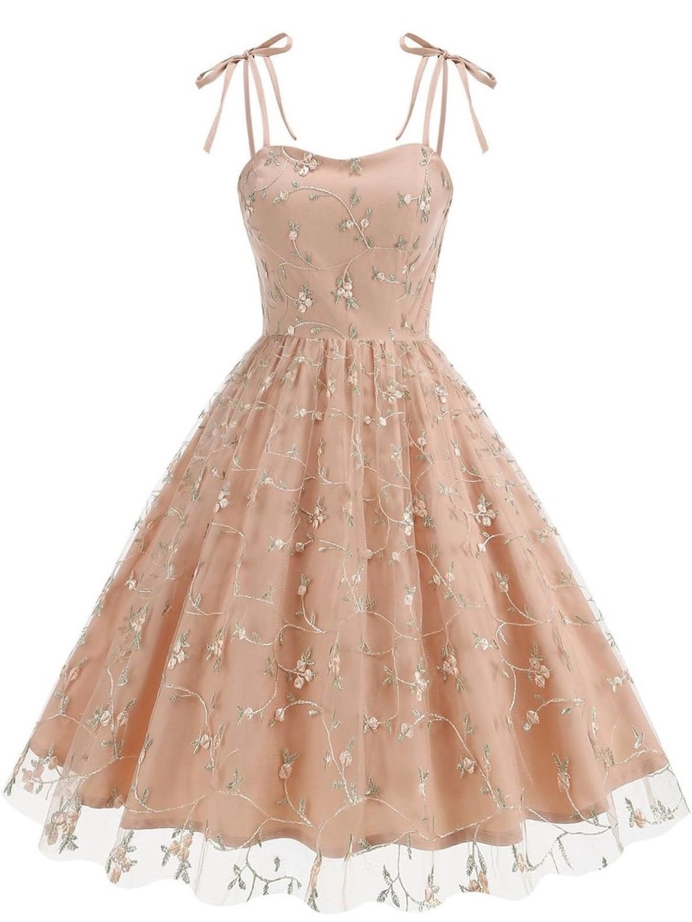 Pink Floral Embroidered Tulle Dress with Tie Straps